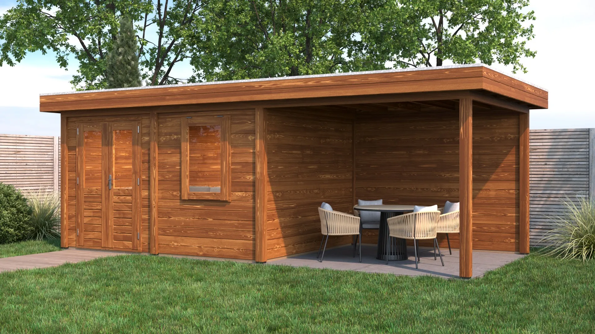 Lugarde Select Modern | Tuinhuis Emmen met Veranda Rechts 388 + 300 x 300 | Bruin Geolied