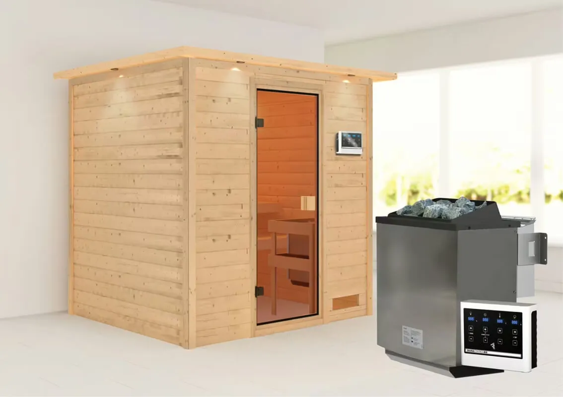 Karibu | Adelina Sauna met Dakkraag | Biokachel 9 kW Externe Bediening