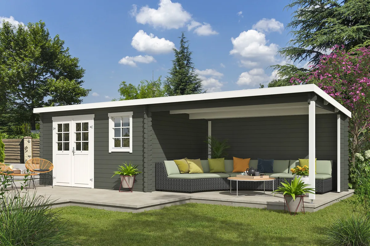 Outdoor Life Products | Tuinhuis met Overkapping Aida 760 x 275 | Gecoat | Green Grey-Wit