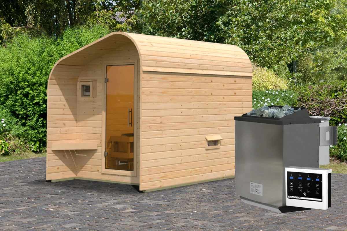 Karibu | Barrelsauna 2 Asymmetrisch | Biokachel 9 kW Externe Bediening