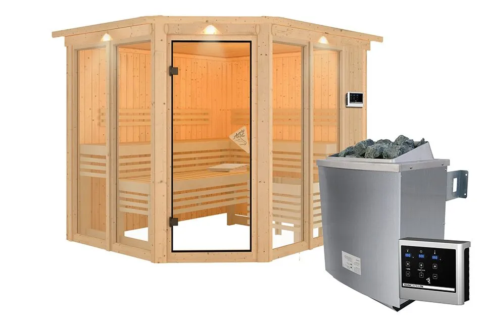 Karibu | Ainur 3 Sauna met Dakkraag | Kachel 9 kW Externe Bediening