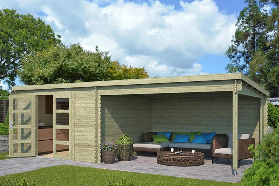 Outdoor Life Products | Tuinhuis met Overkapping Olenka 710 x 330 | Geïmpregneerd | Olijfgroen