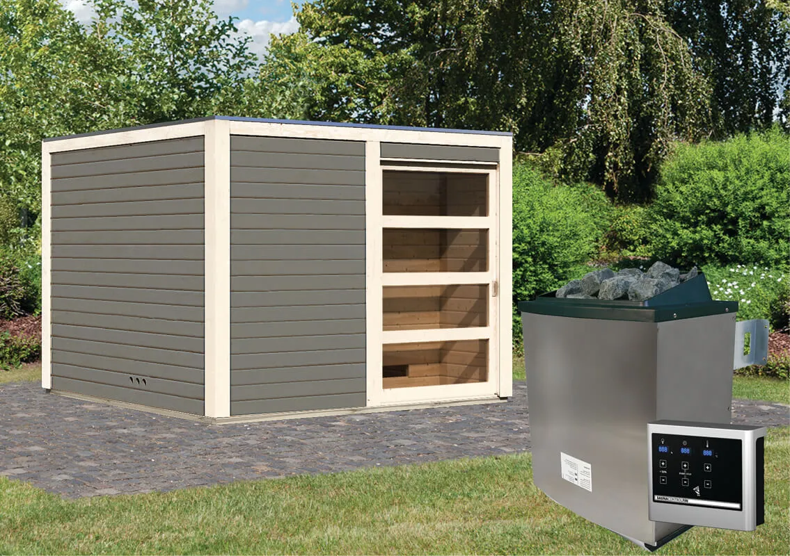 Karibu | Cuben Buitensauna met Voorruimte Terragrijs | Kachel 9 kW Externe Bediening