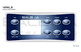 Balboa | Top Side Panel VL801D - Time, Mode/Prog, Warm, Cool, Blower, Jets 1, Light, Jets 2