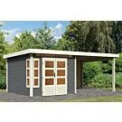 Karibu | Tuinhuis Kastorf 6 met Overkapping 3,2 en Achterwand 28 mm | Terragrijs