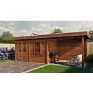 Lugarde Select Modern | Tuinhuis Neerkant met Veranda Rechts 388 + 300 x 250 | Bruin Geolied