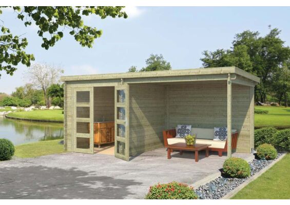 Outdoor Life Products | Tuinhuis met Overkapping Helena 472 x 230 | Geïmpregneerd | Olijfgroen