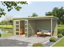 Outdoor Life Products | Tuinhuis met Overkapping Helena 472 x 230 | Geïmpregneerd | Olijfgroen