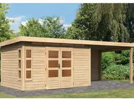 Karibu | Tuinhuis Kastorf 7 met Overkapping 3,2 en Achterwand 28 mm | Onbehandeld