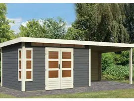 Karibu | Tuinhuis Kastorf 7 met Overkapping 3,2 en Achterwand 28 mm | Terragrijs