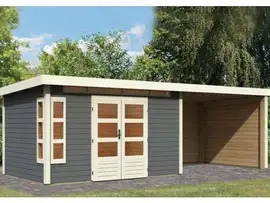 Karibu | Tuinhuis Kastorf 7 met Overkapping 3,2, Zij- en Achterwand 28 mm | Terragrijs