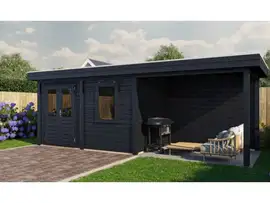 Lugarde Select Modern | Tuinhuis Neerkant met Veranda Rechts 388 + 300 x 250 | Zwart Geolied