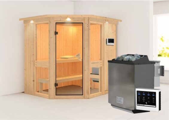 Karibu | Amelia 1 Sauna met Dakkraag | Bronzeglas Deur | Biokachel 9 kW Externe Bediening