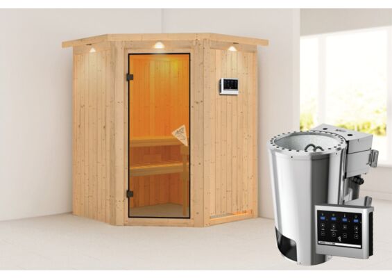 Karibu | Minja Sauna met Dakkraag | Bronzeglas Deur | Kachel 3,6 kW Externe Bediening