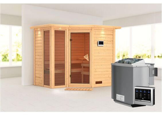 Karibu | Amara Sauna met Dakkraag | Bronzeglas Deur | Biokachel 9 kW Externe Bediening