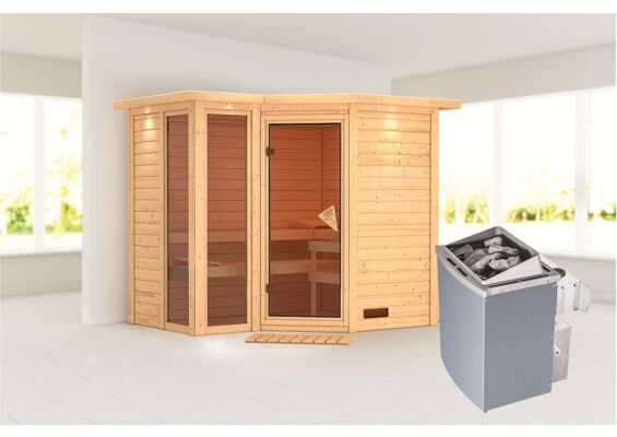 Karibu | Amara Sauna met Dakkraag | Bronzeglas Deur | Kachel 9 kW Geïntegreerde Bediening