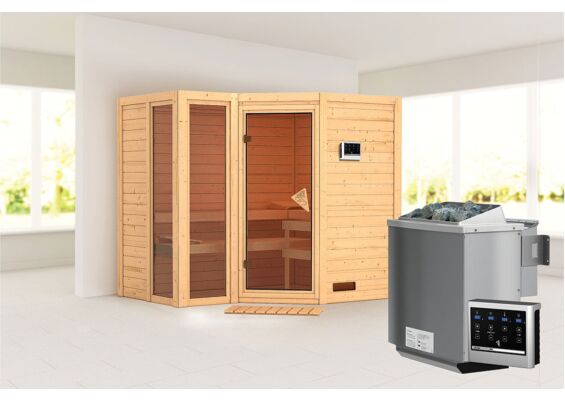 Karibu | Amara Sauna | Bronzeglas Deur | Biokachel 9 kW Externe Bediening