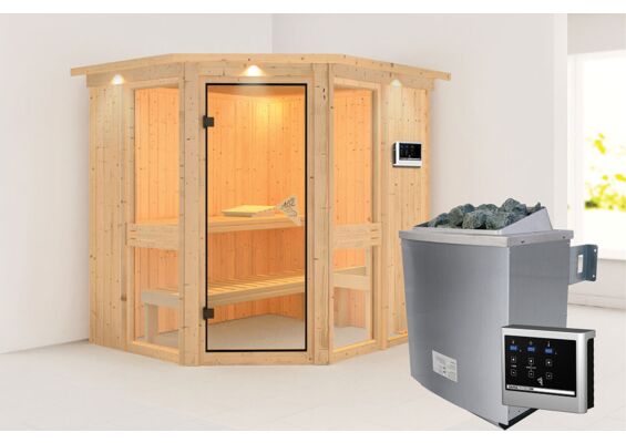 Karibu | Amelia 1 Sauna met Dakkraag | Bronzeglas Deur | Kachel 9 kW Externe Bediening