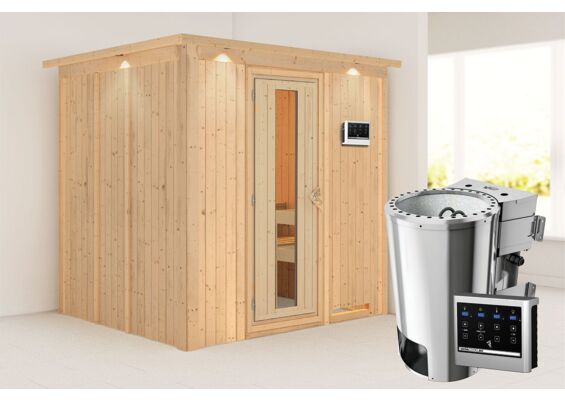 Karibu | Daria Sauna met Dakkraag | Energiesparende Deur | Biokachel 3,6 kW Externe Bediening