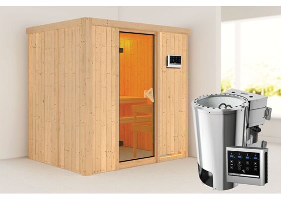 Karibu | Fanja Sauna | Bronzeglas Deur | Biokachel 3,6 kW Externe Bediening