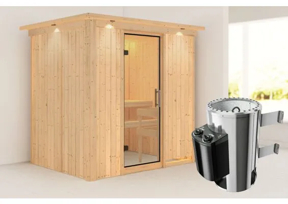 Karibu | Fanja Sauna met Dakkraag | Helderglas Deur | Kachel 3,6 kW Geïntegreerde Bediening