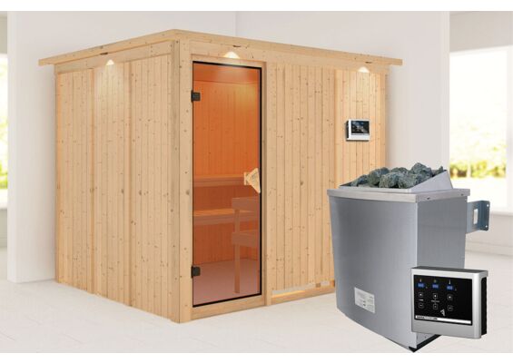 Karibu | Gobin Sauna met Dakkraag | Bronzeglas Deur | Kachel 9 kW Externe Bediening