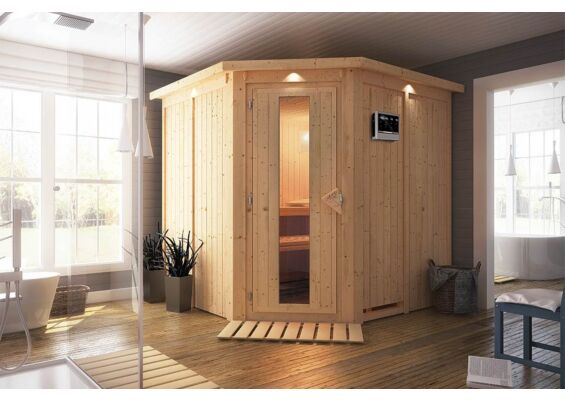 Karibu | Jarin Sauna met Dakkraag | Energiesparende Deur | Kachel 9 kW Externe Bediening