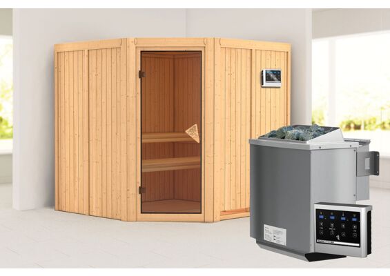 Karibu | Jarin Sauna | Bronzeglas Deur | Biokachel 9 kW Externe Bediening