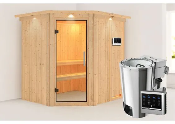 Karibu | Lilja Sauna met Dakkraag | Helderglas Deur | Biokachel 3,6 kW Externe Bediening