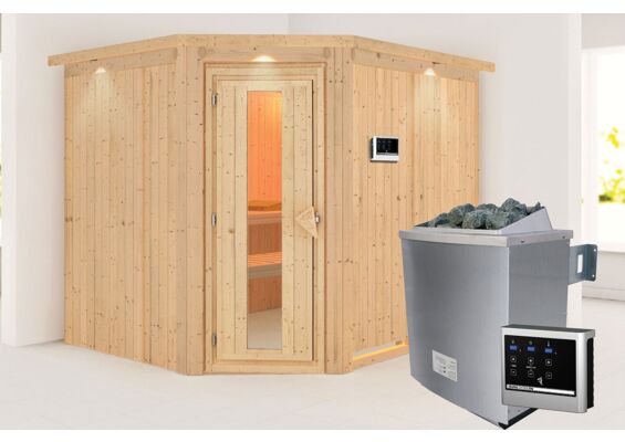 Karibu | Malin Sauna met Dakkraag | Energiesparende Deur | Kachel 9 kW Externe Bediening