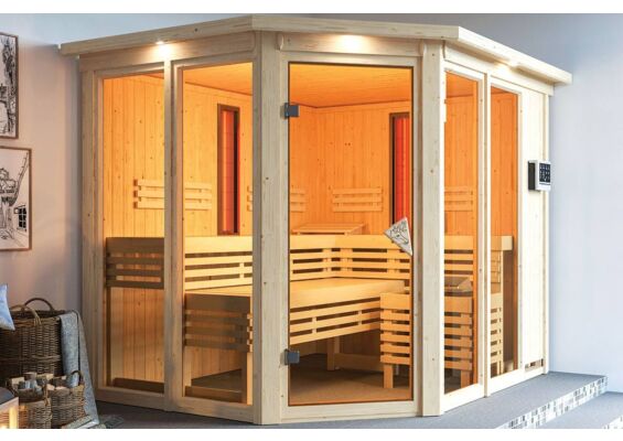 Karibu | Ava Sauna met Dakkraag | Biokachel 9 kW Externe Bediening