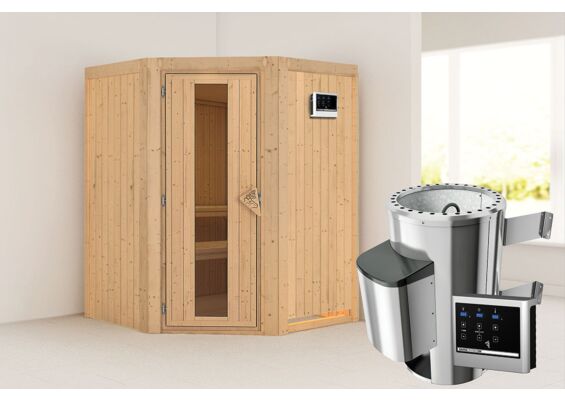 Karibu | Nanja Sauna met Dakkraag | Energiesparende Deur | Kachel 3,6 kW Externe Bediening