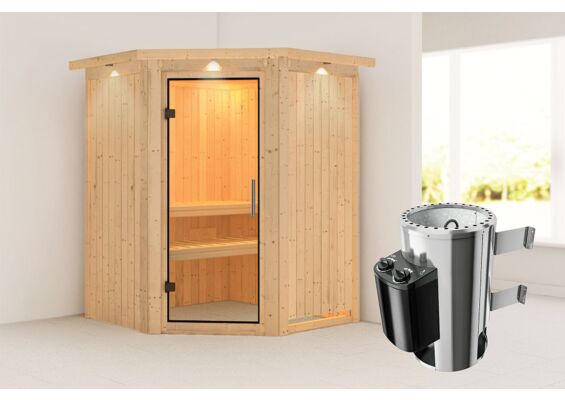 Karibu | Nanja Sauna met Dakkraag | Helderglas Deur | Kachel 3,6 kW Geïntegreerde Bediening