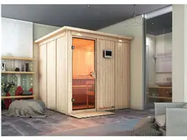 Karibu | Rodin Sauna met Dakkraag | Bronzeglas Deur | Biokachel 9 kW Externe Bediening