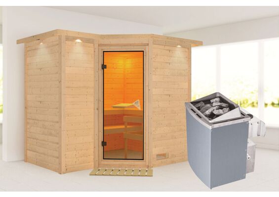 Karibu | Sahib 2 Sauna met Dakkraag | Bronzeglas Deur | Kachel 9 kW Geïntegreerde Bediening