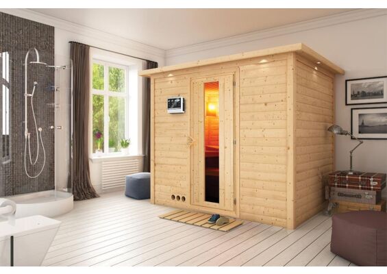 Karibu | Sonara Sauna met Dakkraag | Energiesparende Deur | Biokachel 9 kW Externe Bediening