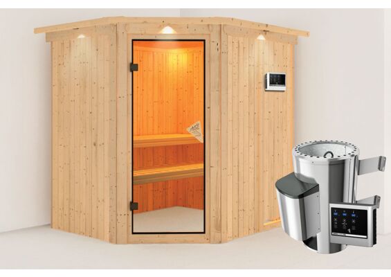 Karibu | Lilja Sauna met Dakkraag | Bronzeglas Deur | Kachel 3,6 kW Externe Bediening