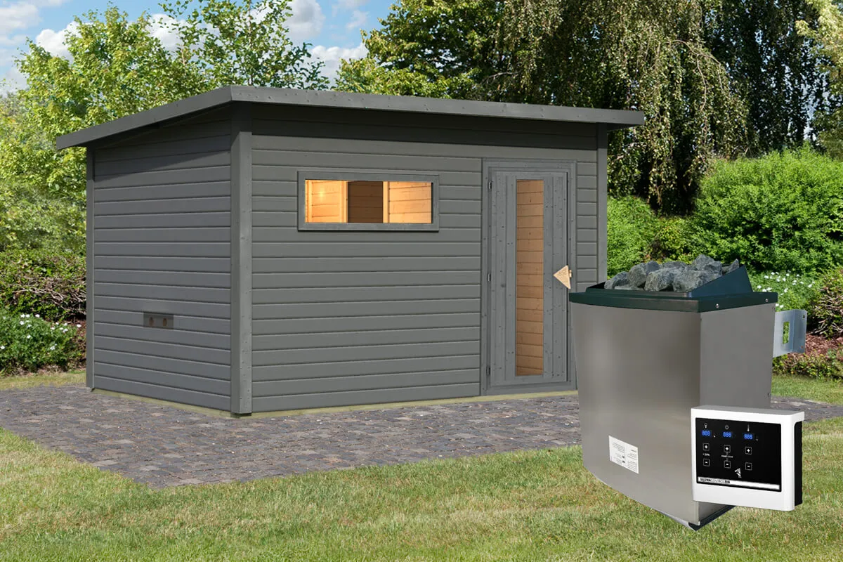 Karibu | Hytti 6 Buitensauna | Terragrijs | Kachel 9 kW Externe Bediening