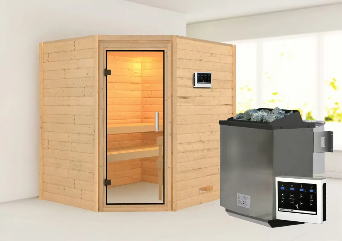 Karibu | Mia Sauna | Helderglas Deur | Biokachel 9 kW Externe Bediening