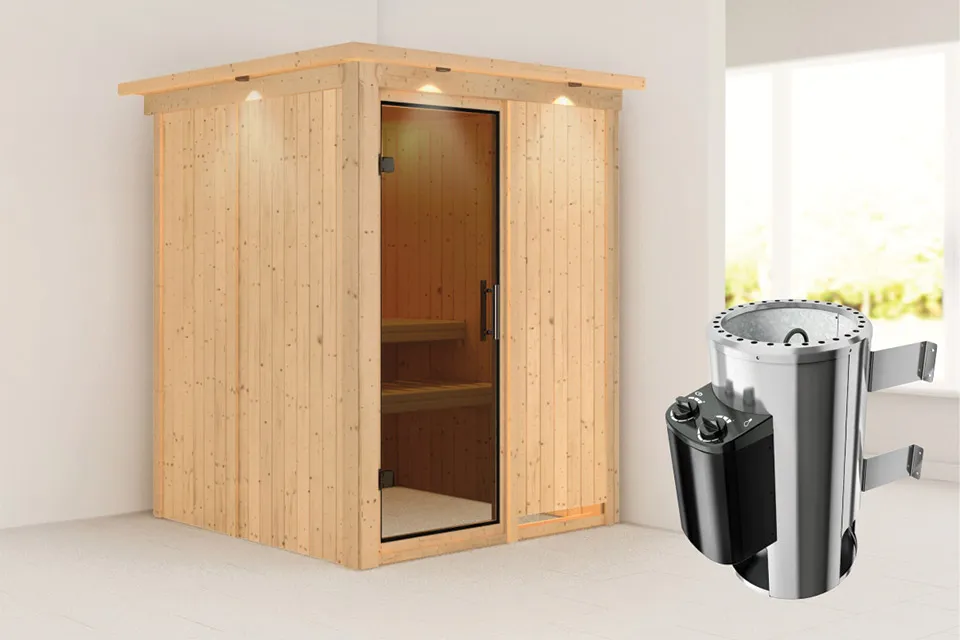 Karibu | Minja Sauna met Dakkraag | Antracietglas | Kachel 3,6 kW Geïntegreerde Bediening