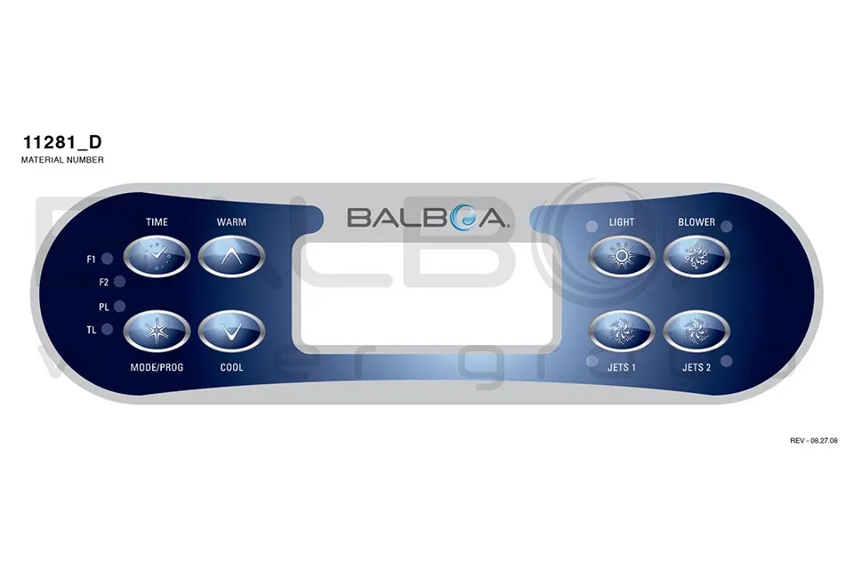 Balboa | Top Side Panel ML700 Clear - Jets 1, Jets 2, Blower, Time, Mode/Prog, Warm, Cool