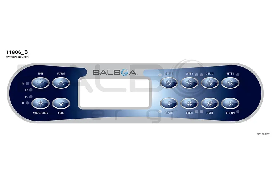 Balboa | Top Side Panel ML900 - Jets 1, Jets 2, Jets 3, Jets 4, Invert, Fiber, Light, Blower, Time, Mode/Prog, Cool, Warm