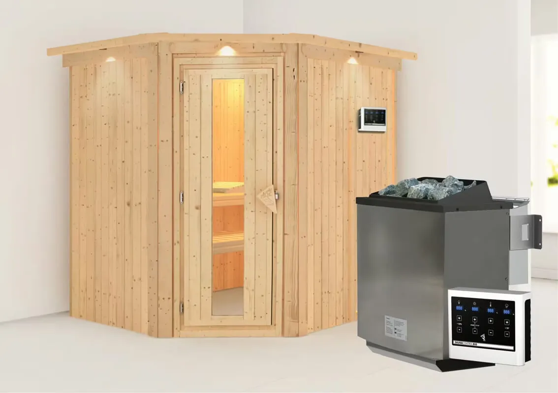 Karibu | Siirin Sauna met Dakkraag | Energiesparende Deur | Biokachel 9 kW Externe Bediening