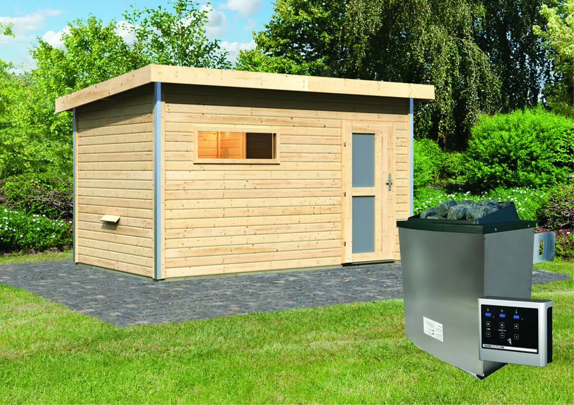 Karibu | Skrollan 3 Buitensauna | Melkglas Deur | Kachel 9 kW Externe Bediening