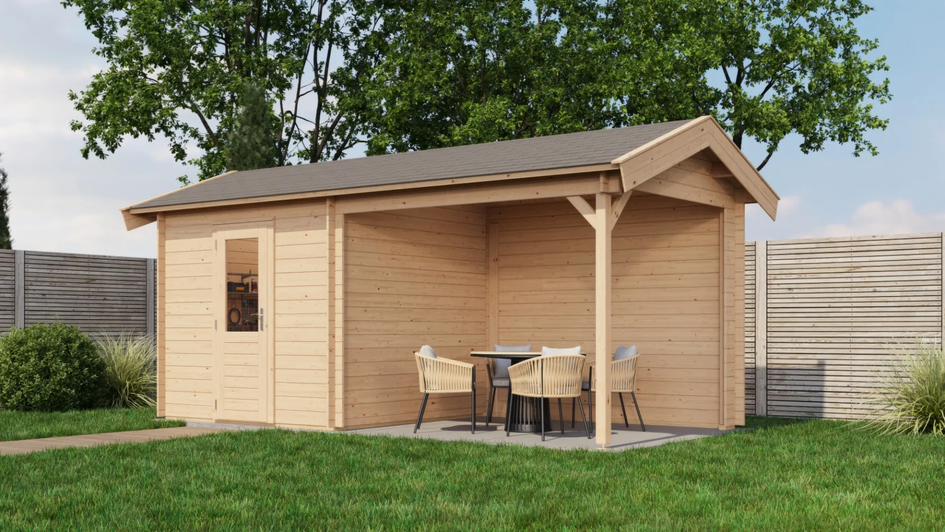 Lugarde Select | Tuinhuis Markelo met Overkapping Rechts 250 + 300 x 250 | Onbehandeld