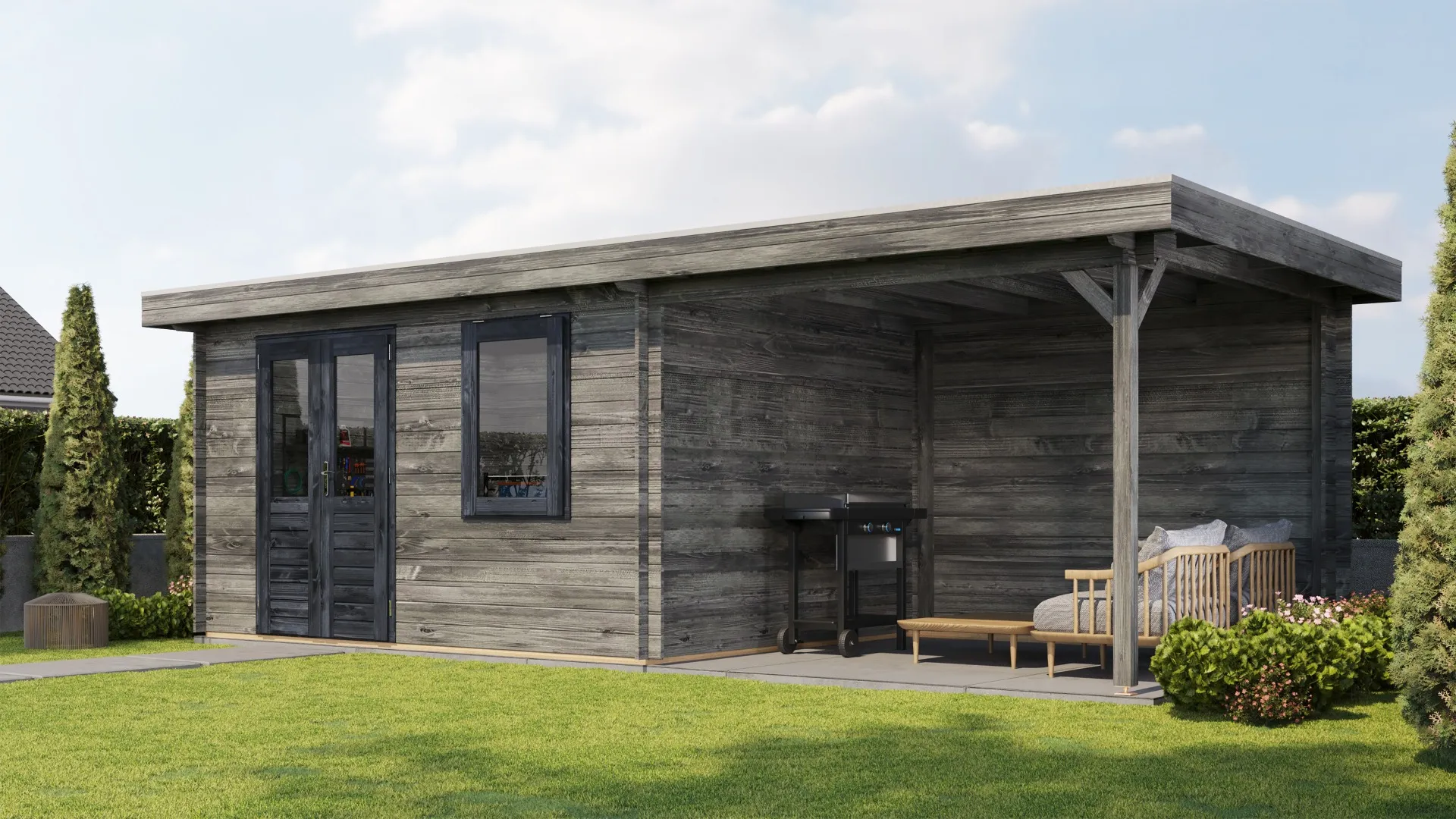 Lugarde Select | Tuinhuis Elst met Overkapping Rechts 400 + 300 x 300 | Keteldruk Grijs