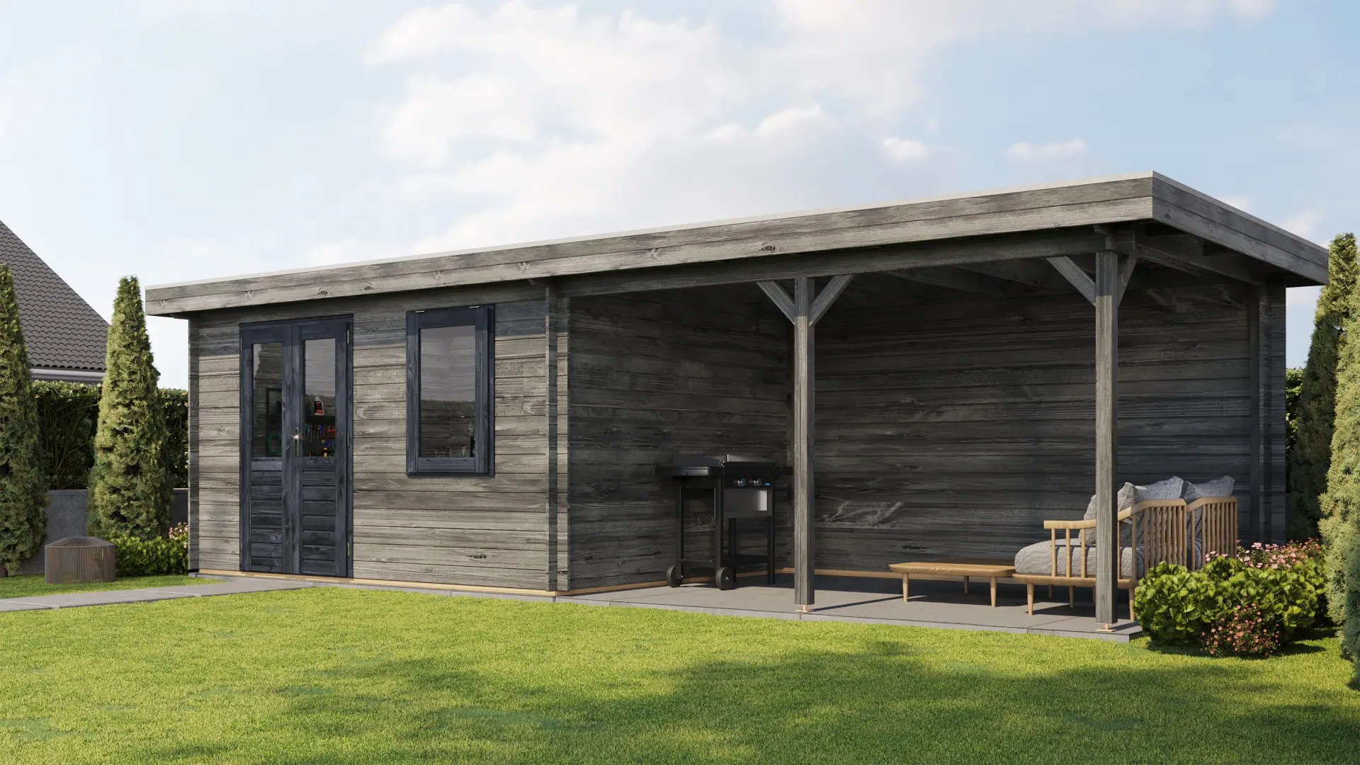 Lugarde Select | Tuinhuis Huissen met Overkapping Rechts 400 + 400 x 300 | Keteldruk Grijs