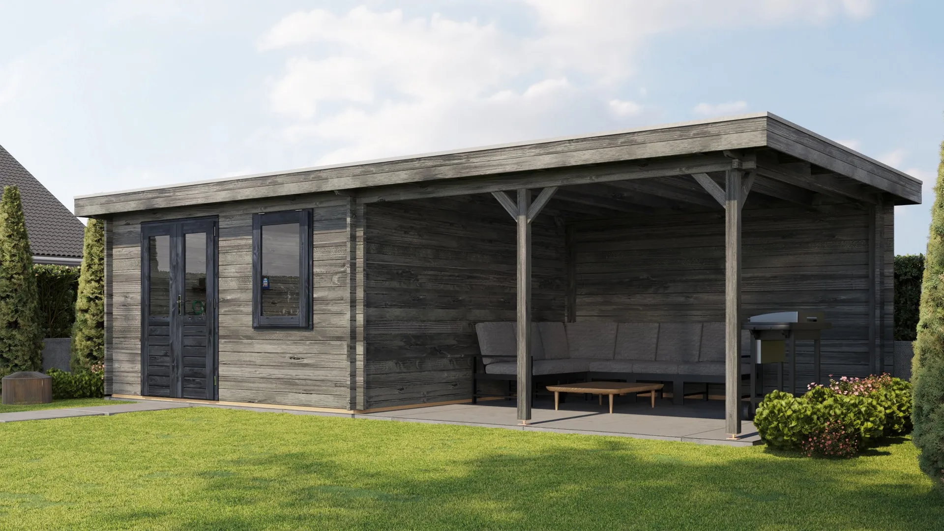 Lugarde Select | Tuinhuis Didam met Overkapping Rechts 400 + 400 x 400 | Keteldruk Grijs