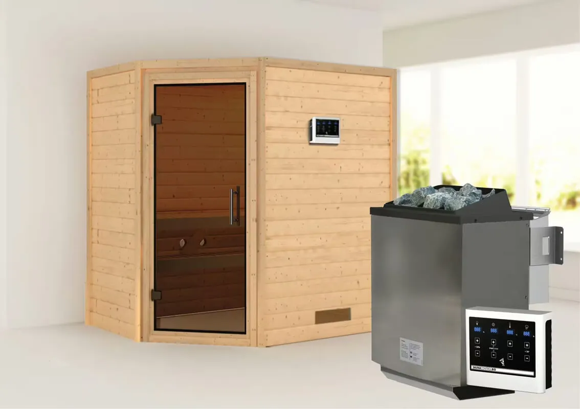 Karibu | Svea Sauna | Antracietglas Deur | Biokachel 9 kW Externe Bediening