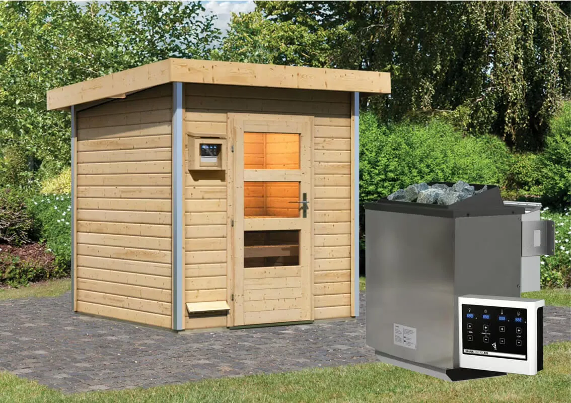 Karibu | Torge Buitensauna | Moderne Deur | Biokachel 9 kW Externe Bediening